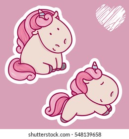  Vector set of of cute unicorn logo. Thin flat line art design for unicorn party poster,stickers, t-shirt design, invitation, greeting card or company logo. children's illustration