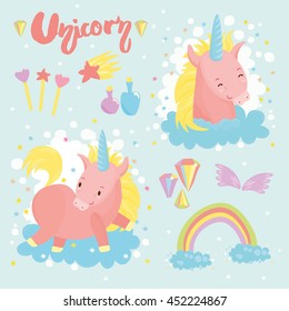 vector set. cute unicorn. rainbow, clouds, magic wand, crystals, gems