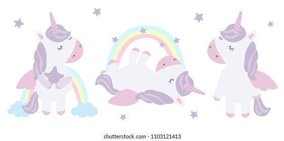 Vector set of cute unicorns. Adorable magic animal on background, pastel colors. Valentine's day, anniversary, save the date, baby shower, bridal, birthday
