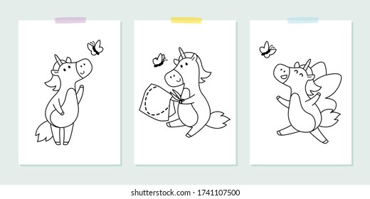Vector set with cute unicorns with butterfly in the childish style. Vector illustration for coloring book. Outline black and white picture for children.