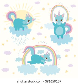 vector set. cute unicorns with rainbow in the clouds, in the sun. magical animals.