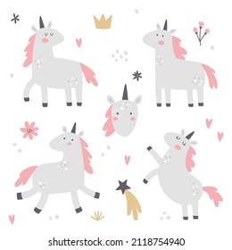 vector set of cute unicorns and smaller decorative elements, adorable images for kids, funny nursery clipart collection