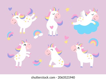 Vector set of cute unicorns. Stars, rainbow, cloud.