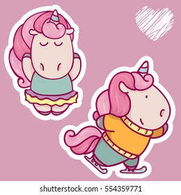Vector set of cute unicorns. Thin flat line art design for unicorn party poster,stickers, t-shirt design, invitation, greeting card or company logo. children's illustration