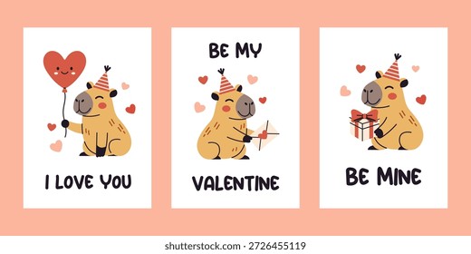 Vetor conjunto de bonitos cartões de cumprimentos de capivara com balão de coração e eu te amo citar, carta de amor com ser o meu texto de cartão de namorados, e caixa de presente com ser minha mensagem. Design de cartaz.