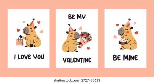 Conjunto de Vector de lindas tarjetas de felicitación de San Valentín Capybara con bolso de compras de amor y te amo cita, ramo de flores con texto de San Valentín y cupcake con mensaje de ser mío sobre fondo de melocotón.