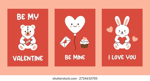 Vetor conjunto de cartões de namorados bonitos com ursinho de pelúcia, balão de coração, cupcake, envelope e coelho com coração no fundo vermelho. Adorável coleção cartaz de amor para saudação romântica, decoração de férias.