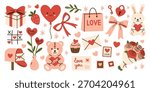 Vector set of cute Valentines Day elements in pink and red tones. Love collection of heart, bow, bear, bunny, balloon, cupcake, flower, gift, mail, stamps. Romantic holiday symbols in flat design.