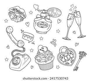 Vector set of cute valentine's day illustrations. Doodle sketches of romantic objects. Colouring page 