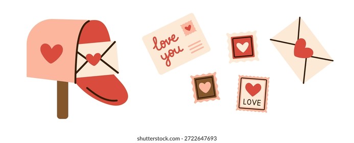 Conjunto de Vector de lindos Elementos de correo del día de San Valentín con buzón de corazón, carta de amor, postal y sello postal romántico. Colección dulce del mensaje del amor para la tarjeta de felicitación, la boda y el diseño de vacaciones.