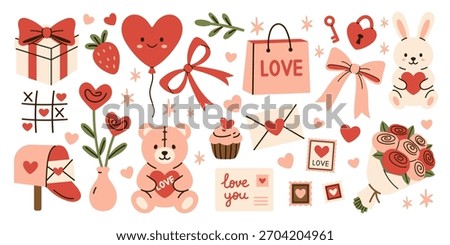 Vector set of cute Valentines Day elements in pink and red tones. Love collection of heart, bow, bear, bunny, balloon, cupcake, flower, gift, mail, stamps. Romantic holiday symbols in flat design.