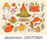 Vector set of cute vintage cottagecore animals, mushrooms, flowers stickers. Fairy frog, amanita house, snail, hedgehog cartoon illustrations. Magic forest elements. Green witch, goblincore aesthetic