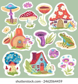 Vector set of cute vintage cottagecore mushrooms and flowers stickers. Fairy frog, fly agaric, fungi and toadstools, fairy tale houses cartoon illustrations. Magic forest elements Goblincore aesthetic