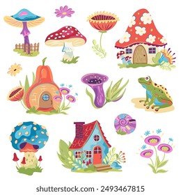 Vector set of cute vintage cottagecore mushrooms and flowers design elements. Fairy frog, fly agaric, fungi and toadstools, fairy tale houses cartoon illustrations. Magic forest Goblincore aesthetic