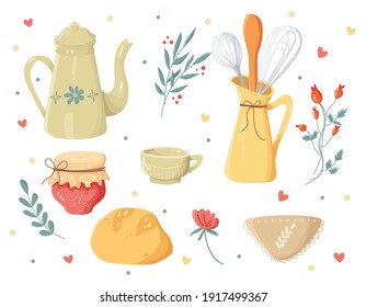 Vector set of cute vintage kitchen elements isolated on white background. Teapot, mug, jam, bread, cloth napkin, spatula, corolla, leaves, flowers and rosehip branch. Stickers in pastel colors.