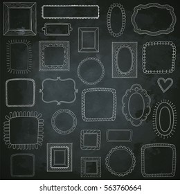 Vector set of cute vintage photo frames on chalk board background. Hand drawn doodle style for decoration. Oval, round and square design.