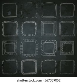Vector set of cute vintage photo frames on chalk board background. Hand drawn doodle style for decoration. Oval, round and square design