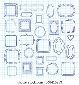 Vector set of cute vintage photo frames on notebook sheet paper background. Hand drawn doodle style for decoration. Oval, round and square design
