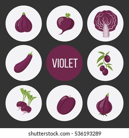 Vector set of cute violet color fruits and vegetables: figs, beetroot, cabbage, eggplant, olives, radish, plumb, onion. You can use for food icon, background, labels, card banner or sticker.