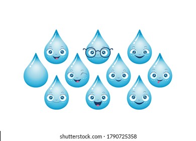 Vector set of cute water drop characters. Blue aqua droplets smile, wink and tongue out. Fun and happy cartoons with eyes and mouth. Clear and pure h2o. Falling rain drops isolated on white background