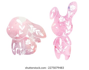 Vector set of cute watercolor decorated rabbits. Collection with cartoon pink hares with floral pattern and dye splashes. Folk art bunnies. Clip arts animals for nursery, postcards and sublimation