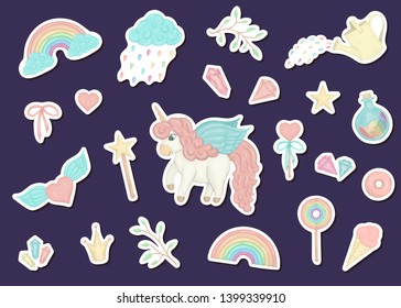 Vector set of cute watercolor style stickers with unicorns, rainbow, clouds, donuts, crown, crystals, hearts. Sweet girlish illustration. Good for textile, stationery, prints, banners, patches.
