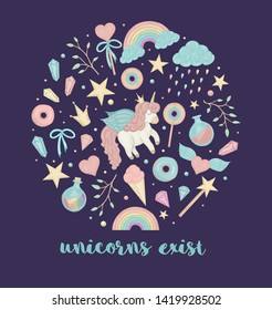 Vector set of cute watercolor style sleeping unicorn, rainbow, clouds, donuts, crown, crystals, hearts on dark purple background. Sweet girlish illustration framed in circle. Fairytale theme