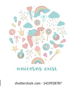 Vector set of cute watercolor style unicorn, rainbow, clouds, donuts, crown, crystals, hearts. Sweet girlish illustration framed in circle. Fairytale theme