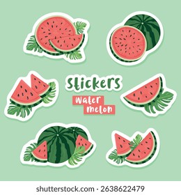 Vector Set of Cute Watermelon Stickers – Juicy Watermelon Slices and Leaves for Kids, Summer Holidays, Seasonal Design, and Watermelon Day