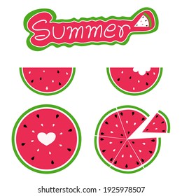Vector - Conjunto de la linda sandía y el verano de la palabra. Diseño de caricaturas. Se puede usar decorar para web, banner, folleto, pegatina, imprimir.