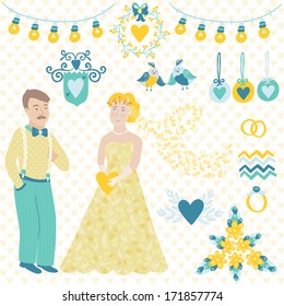 Vector set of cute wedding elements: beautiful bride with heart in her hands, smiling groom with a mustache, birds, garlands light, flower elements, wedding rings