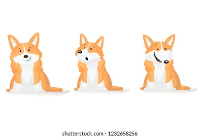Vector set of cute  welsh corgi dogs in different emotions.  Isolated  illustrations on white background. Cartoon style.