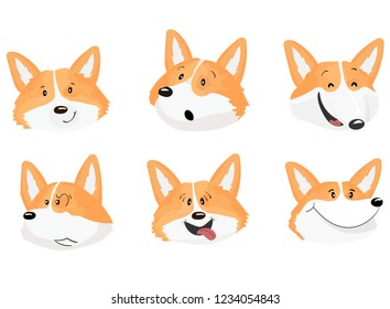 Vector set of cute  welsh corgi dogs in different emotions.  Isolated  illustrations on the white background. Emoji collection.