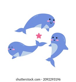 Vector set of cute whale illustrations. can be used for character, graphic element, object, icon, poster