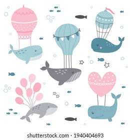 vector set of cute whales with hot air balloons