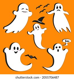 Vector Set of cute white ghosts with bats on orange background