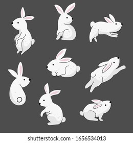 Vector set of cute white rabbits in а cartoon style isolated on a dark gray background. Vector illustration. 