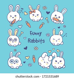 Vector set of cute white rabbits in cartoon style. Rabbit colorful animals collection.