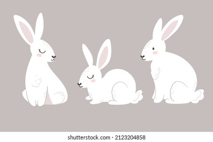 Conjunto de vectores de conejos blancos lindos. Los conejos están sentados, ilustración. Conjuntos de Pascua para la decoración, de estilo plano