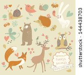 Vector set of cute wild animals in the forest: fox, bear, hedgehog, rabbit, snail, deer, owl, bird, mouse. Vintage set.