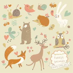 Vector Set Of Cute Wild Animals In The Forest: Fox, Bear, Hedgehog, Rabbit, Snail, Deer, Owl, Bird, Mouse. Vintage Set.