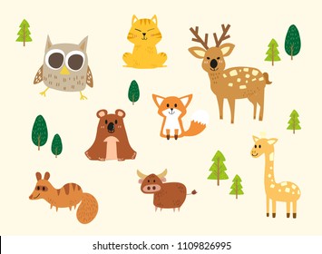 Vector set of cute wild animals: owl, fox, tiger, deer, giraffe, ox, raccoon, bear.Hand draw illustration of cute animal.