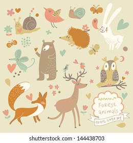 Vector set of cute wild animals in the forest: fox, bear, hedgehog, rabbit, snail, deer, owl, bird, mouse. Vintage set.