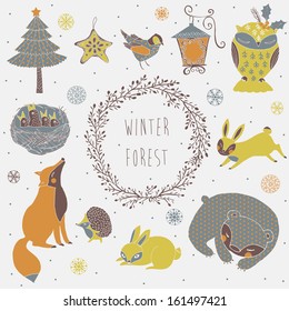 Vector set of cute wild animals in the winter  forest