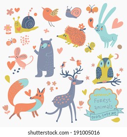 Vector set of cute wild animals in the forest: fox, bear, hedgehog, rabbit, snail, deer, owl, bird, mouse. Vintage set in cute colors