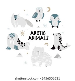 Conjunto de Vector con lindos animales árticos salvajes. Lechuza polar, oso polar, pingüino, morsa, foca, zorro ártico. Ilustración para niños. Invierno. Nieve. Colección de la fauna del Ártico.  Aislado en blanco. Caricatura.