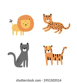 vector set of cute wild cats, children illustration, lion, tiger, cheetah and panther 