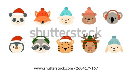 Vector set of cute winter animal faces in hats and earmuffs. Cartoon panda, fox, sheep, bear, koala, penguin, raccoon, tiger, reindeer, and bunny. For Christmas and New Year design. Isolated. EPS10