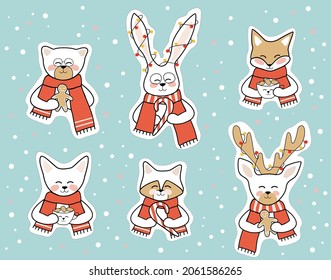Vector set of cute winter animals. Christmas characters: bunny, deer, cat, fox, bear, and raccoon.