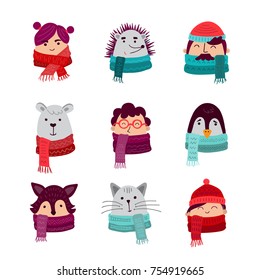Vector set of cute winter animals and people isolated on background. Big set with girls, woman, man, bear, penguin, cat, fox hand drawn designs. Xmas, christmas design.